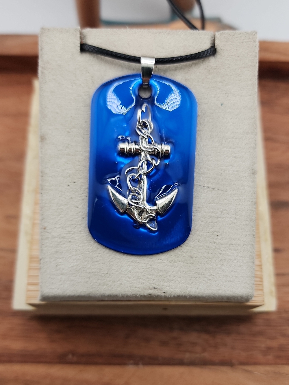 Men's Blue Anchor Dog Tag Pendant Necklace - Handcrafted